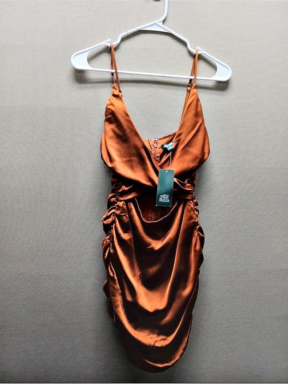 Wild Fable Sleeveless Ruched Satin Bodycon Dress Satin Mini Dress in Brown Size